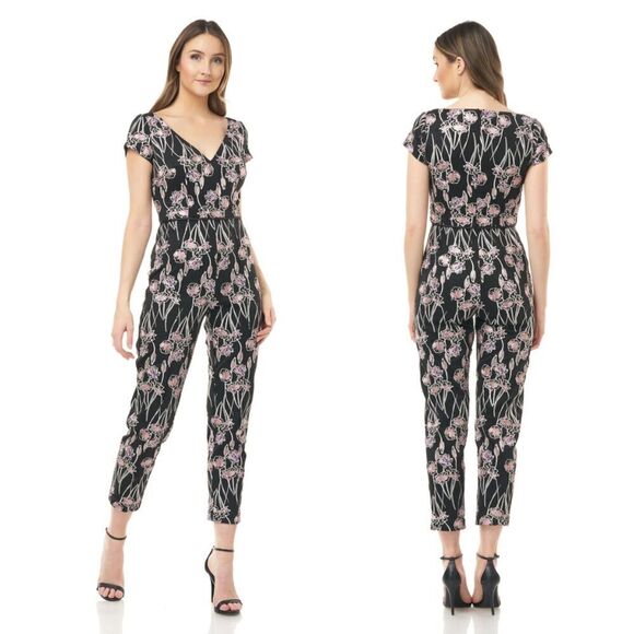 JS Collections Women's Size 6 Floral Embroidered Printed Crepe V-Neck Jumpsuit - Picture 3 of 16